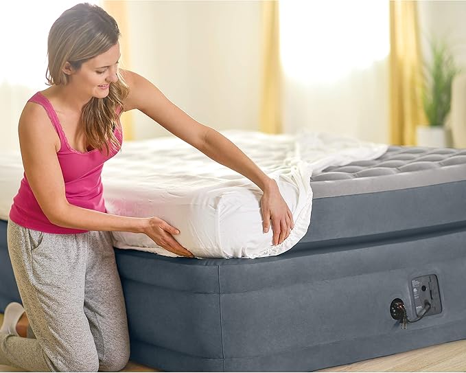 Intex 22in Queen Dura-Beam Deluxe Inflatable Blow Up Elevated Air Mattress Airbed with Built in Pump for Home Camping Guests Ultra Comfort