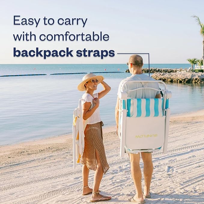 SUNFLOW Shore Thing Premium Beach Chair - Adjustable Portable Rust-Resistant Reclining Beach Chair with UPF 50+ Sun Shade and Drink Holder for The Ultimate in Comfort (Sky Blue Stripe)