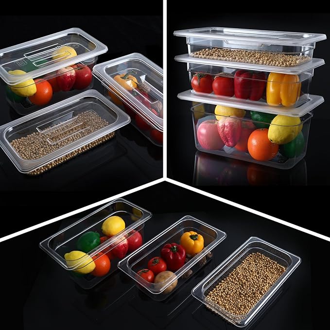 6 Pack 1/3 Size 4'' Deep Clear Food Pans with Lids Commercial Food Pans Polycarbonate Transparent Food Storage Containers Stackable Plastic Pan with Capacity Scale Restaurant Supplies Hotel Pan