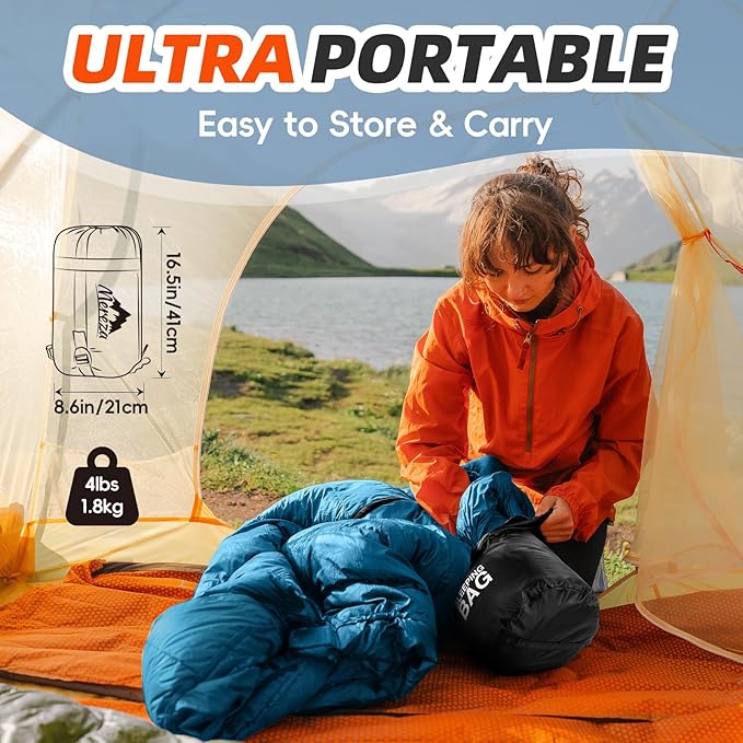 MEREZA Sleeping Bags for Adults Cold Weather Mens Warm Sleeping Bag for Big and Tall Girls Boys with Compression Sack for 3-4 Season Camping Backpacking Hiking