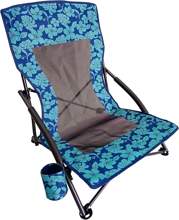 Bliss Hammocks BBC-353-BF Collapsible Beach Chair W/Cup Holders Storage Bag Included 275 Lbs. Weight Capacity Blue Flower