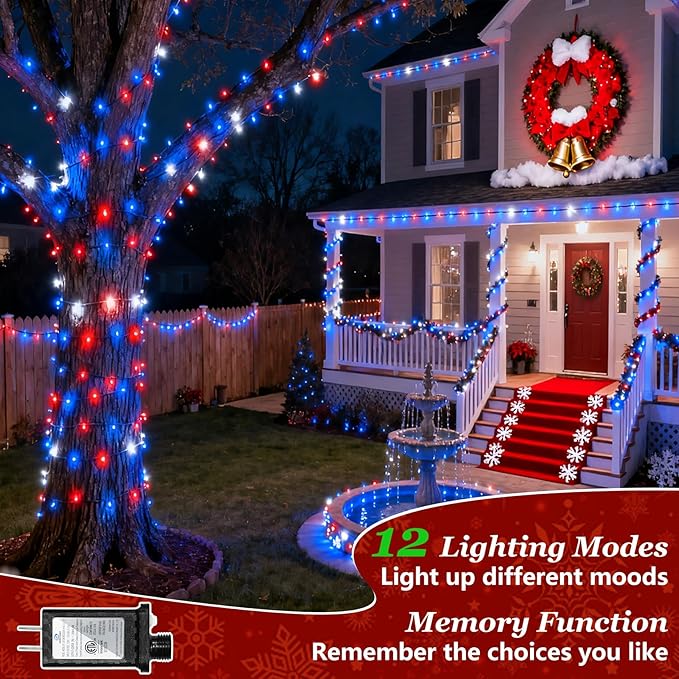 1500 LED 470FT Red White Blue 4th of July Patriotic Decorations String Lights with 12 Modes Timer &amp Dimmable Green Wire for Outdoor Indoor Christmas Holiday Soccer Party Independence Day Deco