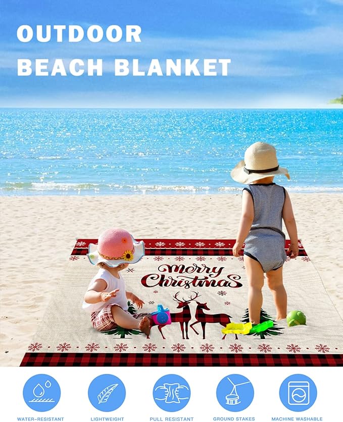 Beach Blanket Waterproof Sandproof Ethnic Winter Deer Christmas Trees Quick Drying Beach Mat with 4 Stakes Winter Snowflake on Linen Lightweight Picnic Blanket for Travel Camping Outdoor 83x79