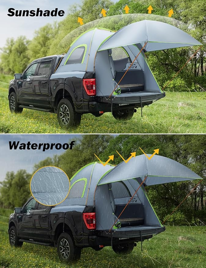 JOYTUTUS Pickup Truck Tent 5.0ft Bed Tent with Removable Awning Waterproof PU2000mm Double Layer for 2 Person Portable Truck Bed Tent - Green Aluminum Pole