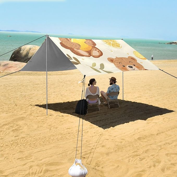 Cute Cartoon Bear Holding Lemon Camping Sun Shelter Beach Tent Portable Beach Sun Shade Outdoor Canopy for Camping Trips Fishing Picnic