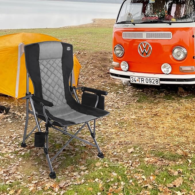 Folding Padded Camping Chair with Hard ArmrestCup HolderHeavy Duty for AdultsPaded BackrestPortable Lawn Lightweight Outdoor Camp ChairSupport up to 400lbs