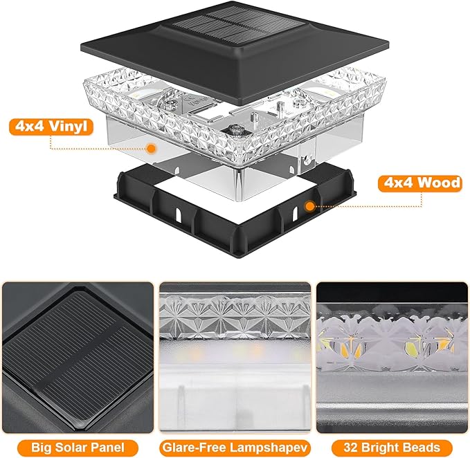 APONUO Solar Post Cap Lights for 4x4 Wood &ampVinyl Posts 3 Light Modes &amp 800mAh Battery IP65 Waterproof Rugged Unibody Solar Outdoor Lights for Fence Deck &amp Patio (Black 6 Pack)