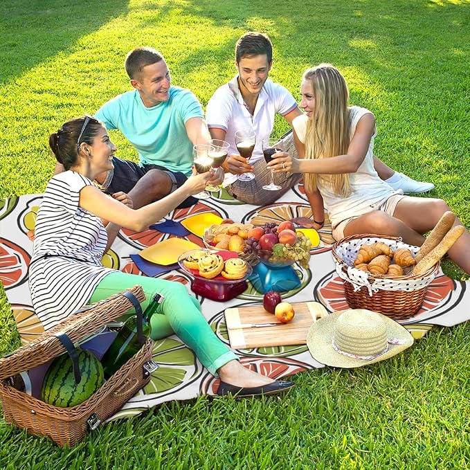 Waterproof Sandproof Beach Blanket 59''×68'' Simply Lemon Polyester Outdoor Picnic Blanket with 4 Stakes &amp Storage Bag for BeachCampingVacation White