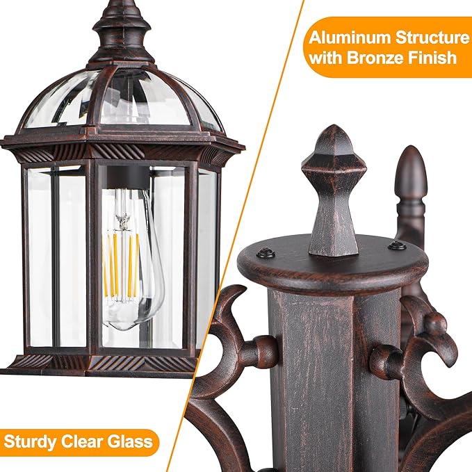 Aluminum Outdoor Lamp Post Birdcage Hardwired Street Light for Outside 3-Head Pole Light Modern Lamp Post Outdoor Lighting with Clear Glass Panels for Garden Patio Backyard Walkway Driveway