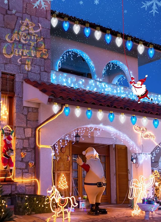 Brightown Strawberry Jumbo C9 Christmas Pathway Lights Outdoor -2 Pack Total 17 Feet 10 LED Jumbo C9 Walkway Lights Christmas Light Outdoor Decorations for Lawn Outside Holiday Blue &amp Pure White
