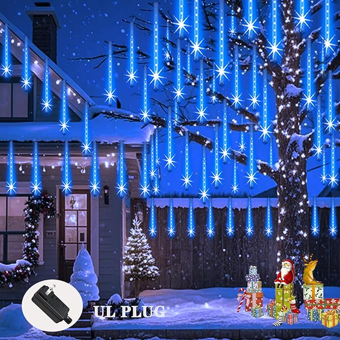 Christmas Lights Outdoor Meteor Shower Lights 24-Tube 576LEDs Snow Falling Rain Cascading Icicle Light for Xmas Tree Christmas Decorations Wedding Party Holiday Garden Decor UL Plug Blue