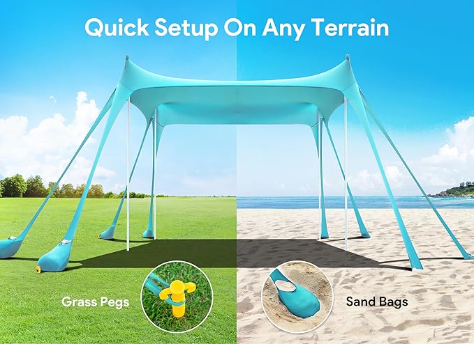 Osoeri Beach Tent Camping Sun Shelter UPF50+ with 8 Sandbags Sand Shovels Ground Pegs &amp Stability Poles Outdoor Shade Beach Canopy for Camping Trips Fishing Backyard Fun or Picnics