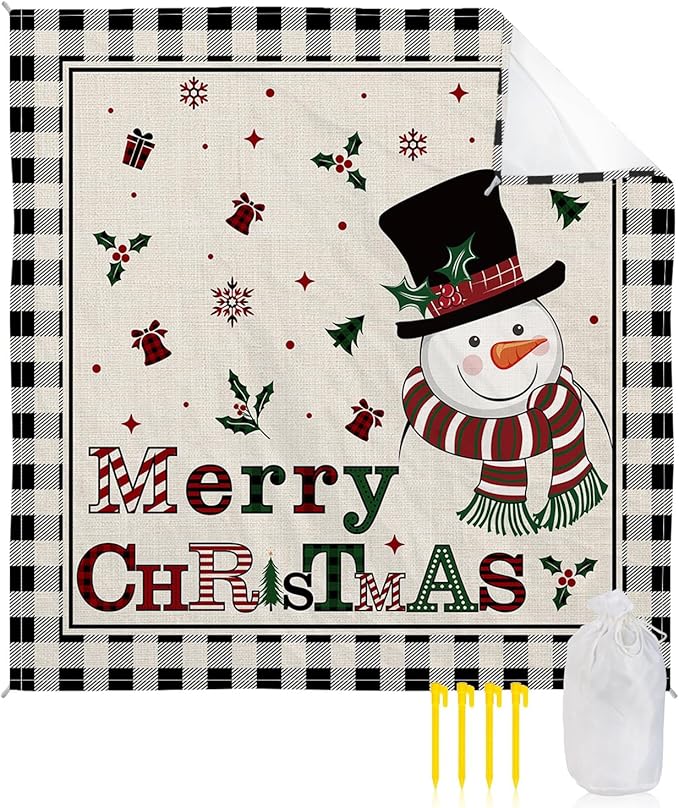 Beach Blanket Waterproof Sandproof OversizedSnowman Merry Christmas Holly Berry Beach Mat with Corner Stakes Sand PocketsWinter Snow Vintage Linen Outdoor Picnic Mat for Travel Camping 108x84In