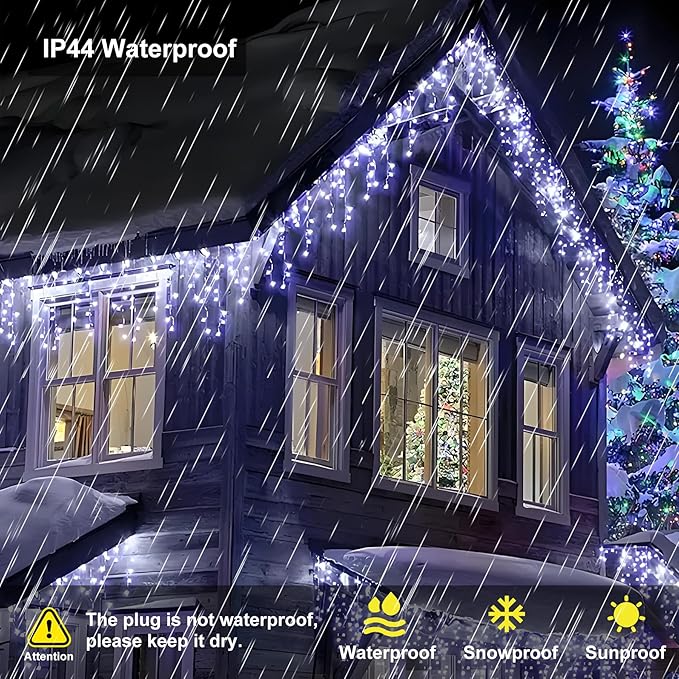 LED Icicle Lights for Outdoor Christmas Decorations118Ft 1200 LEDs Christmas Fairy Light with Timer&ampMemory Function8 Lighting ModesPlug in hanging Curtain Lights for Xmas Party(Cool White)