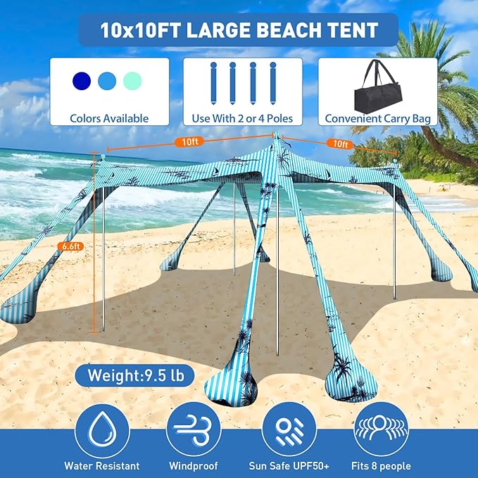 Beach Tent Sun Shelter 10x10ft Beach Canopy Easy Pop Up Sun Shade Portable UPF50+ with 8 Sandbags-2 Sand Shovel-4 Aluminum Poles-Ground Pegs for Outdoor Family Camping Fishing Backyard Picnic