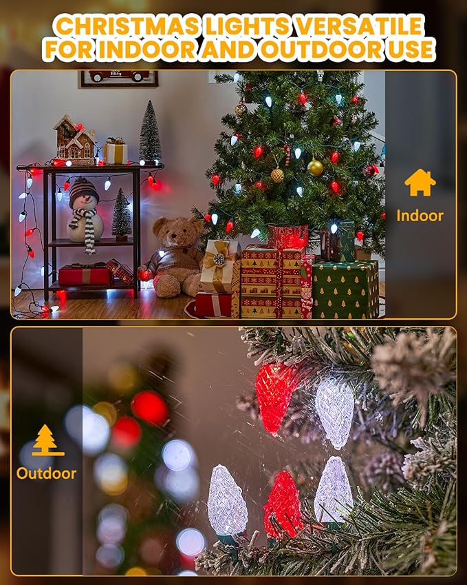 Minetom C9 Christmas Lights Outdoor 88FT 110LED String Lights with 8 Lighting Mode Waterproof Connectable UL Certified C9 Christmas Decorations for Indoor Outdoor Patio Roofline Decor Red＆White