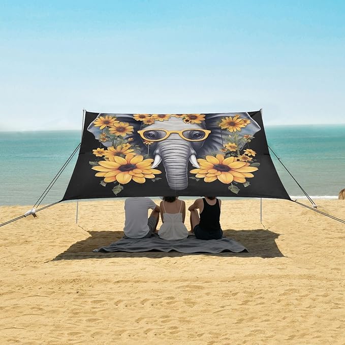 ALAZA Funny Elephant Sunflowers Beach Tent Sun Shelter UPF50+ Protection Beach Shade Canopy w/ 4 Sandbags for Outdoor Camping Fishing Backyard Fun Picnic 10x9 ft