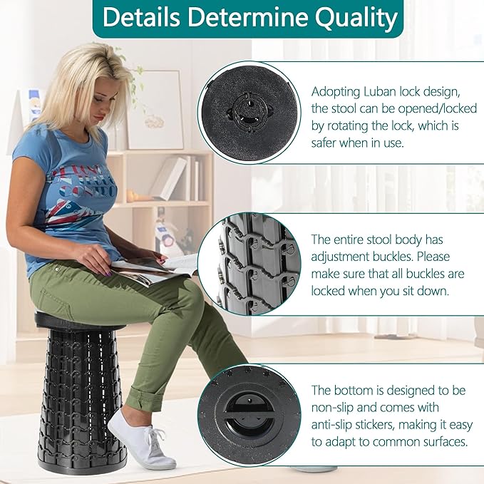 ALEVMOOM 2025 18 H Collapsible Stool with Cushion Capacity 800lbs Portable Stools for Adults Heavy Duty Adjustable Height Telescoping Folding Stool for Outdoor Camping Travel Hiking Fishing
