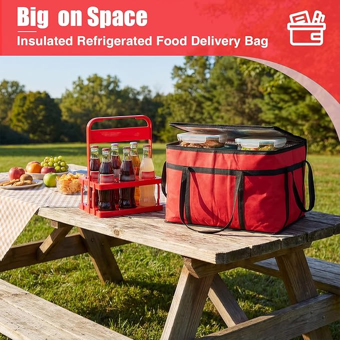 Insulated Food Delivery Bag Pizza Cooler Bag with Hard Bottom &amp Drink Carrier Thermal Hot Cold Grocery Tote for Food Delivery Travel Shopping and Catering(Red23 x 15 x 14 Inch)