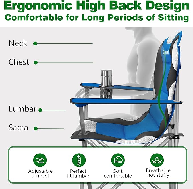Camabel Folding Camping Chairs Oversized Heavy Duty 400 LBS Sturdy Beach Chair Portable Outdoor Lawn Chairs High Padded Back with Cup Holder Carry Bag for Sporting Hiking Picnics Fishing Concerts Blue