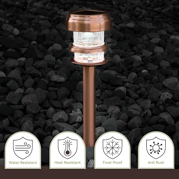 Outdoor Solar Lights - 4-Pack Stainless-Steel LED Lights for Gardens Pathways and Patios - Weather-Resistant Stake Lighting by Pure Garden (Copper)