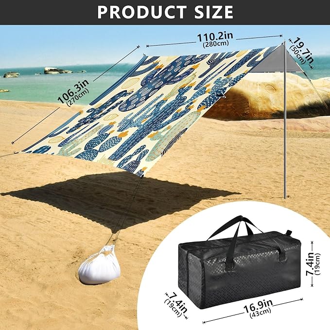 Cactus Pattern Beige Beach Tent Sun Shelter 9.2' x 10.5' Beach Canopy with 4 Sandbags 4 Stability Poles Sand Shovels - Tent Canopy for Beach Camping Fishing Picnics