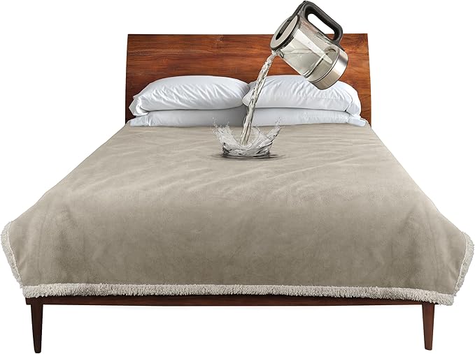 Catalonia Waterproof Bed Blanket Washable Leakproof Bed Cover Reversible Protector Blanket for Couch Sofa Stain Proof Blanket Pad for Adults 80X60 inches Camel/Taupe