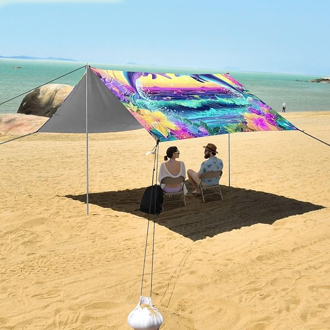 ALAZA Dolphin Tropical Summer Beach Tent Sun Shelter UPF50+ Protection Beach Shade Canopy w/ 4 Sandbags for Outdoor Camping Fishing Backyard Fun Picnic 10x9 ft
