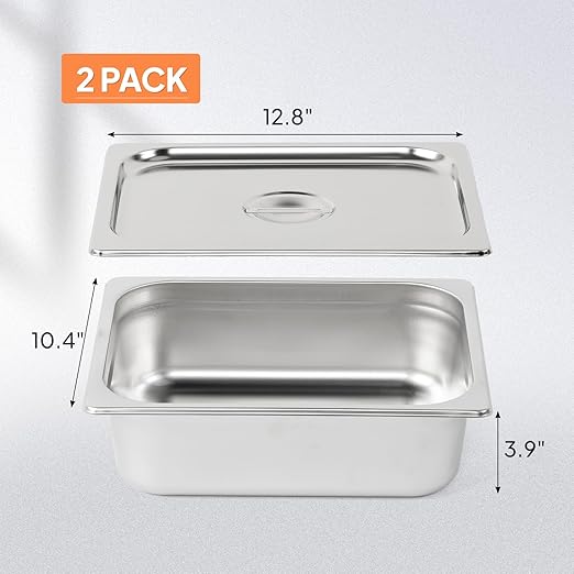 ROVSUN 2-Pack 1/2 Half Size Hotel Pan 4 Inch Deep Steam Table Pan with Lid Stainless Steel Anti Jam Pan for Party Home Commercial
