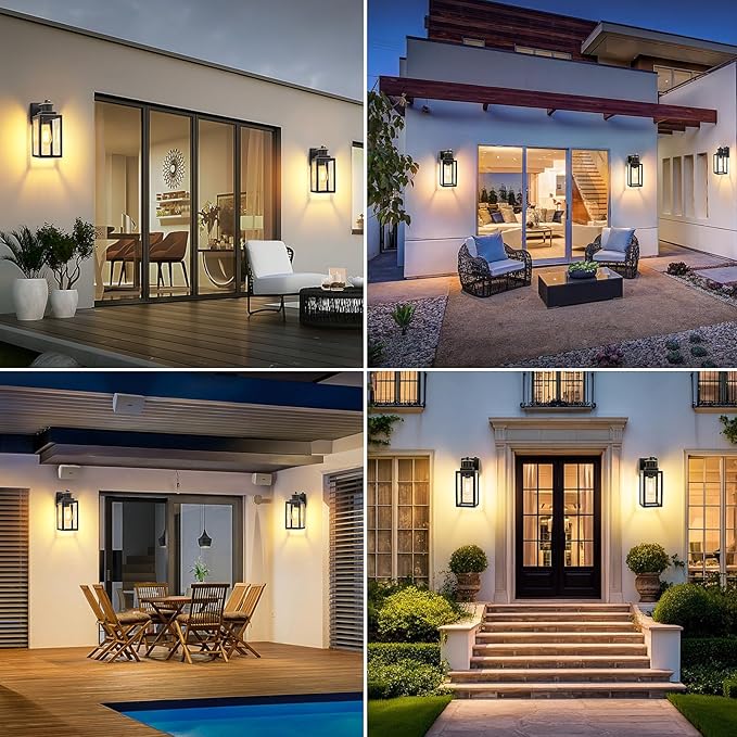 BesLowe 2-Pack Dusk to Dawn Outdoor Wall Lights Modern Porch Lights Outdoor Sconces with Seeded Glass Exterior Lighting Fixtures Outside Lights for House Front Door Garage Black with Gold Trim