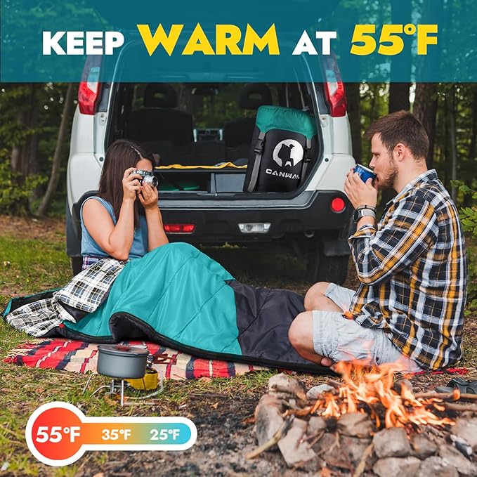 CANWAY Flannel Sleeping Bag for Adults Kids Girls Boys Camping Backpacking Sleeping Bag for Cold &amp Warm Weather with Compression Sack