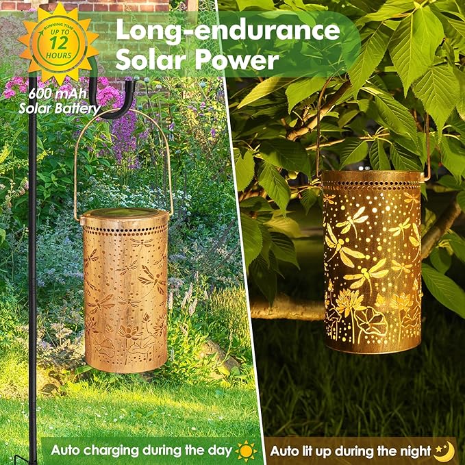 Fabuday Dragonfly Lotus Outdoor Solar Lantern Waterproof 2 Pack - Hanging Solar Power Lights Led for Outside Garden Decor for Patio Porch Balcony Yard and Deck Gardening Decoration Gift for Women