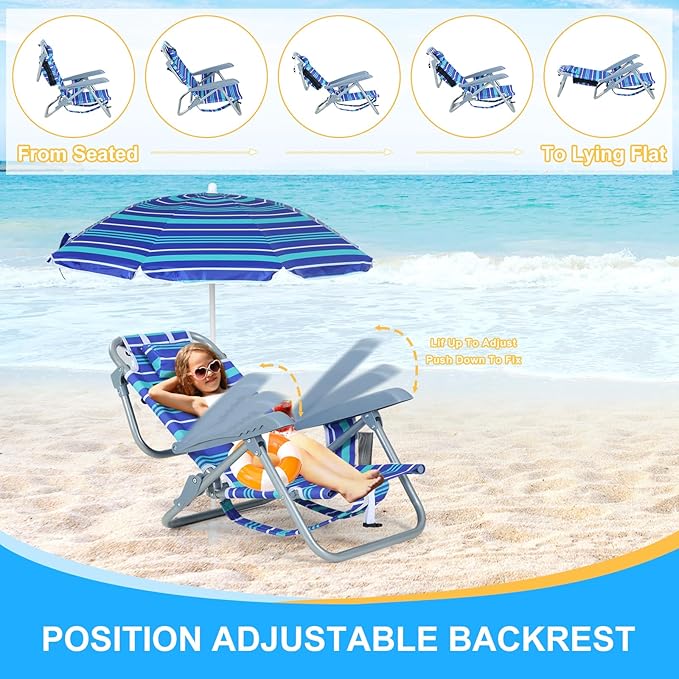 Nice C Toddler Beach Chair Kids Beach Chair with Umbrella Backpack Beach Folding Chairs Backpack Camping Chairs 5-Position Reclining with Cup Holder for Beach Camping Picnic (2 Pack)
