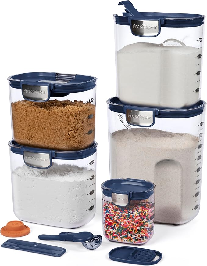 ProKeeper+ Airtight Food Storage Container Set – Clear Plastic Flour and Sugar Canister Set with Magnetic Accessories for Kitchen Organization (Navy 9-Piece)