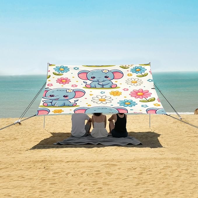 Cute Cartoon Little Elephant Little Daisy Camping Sun Shelter Beach Tent Portable Beach Sun Shade Outdoor Canopy for Camping Trips Fishing Picnic