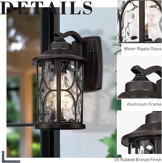 zeyu 12 Inch Outdoor Wall Lights 2 Pack Exterior Front Porch Light Die-Cast Aluminum Oil Rubbed Bronze Finish with Water Ripple Glass Glass ZX48BWG-2PK ORB