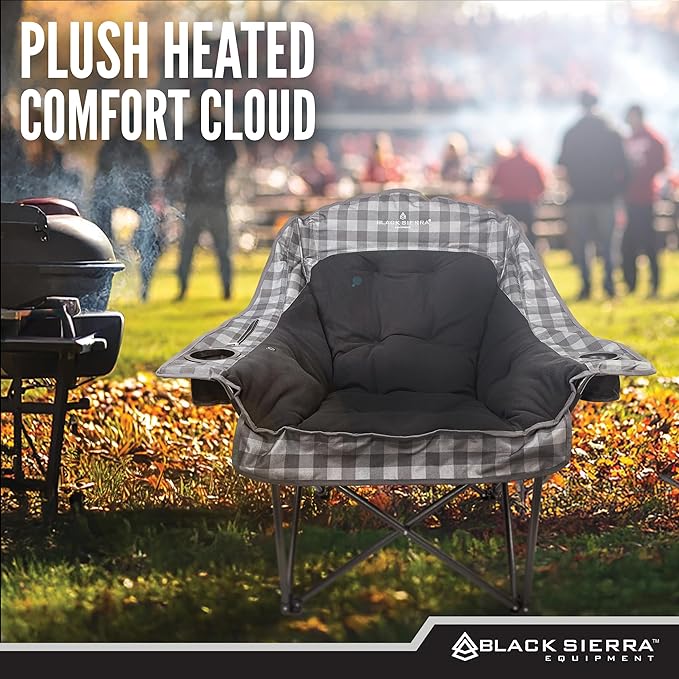 Black Sierra Heated Fleece Camping Chair for Adults Oversized Outdoor Seat with Plush Padding Supports 400lbs Cup Holders and Carry Bag Heavy Duty Folding Chair for Tailgating or Patio (Black)
