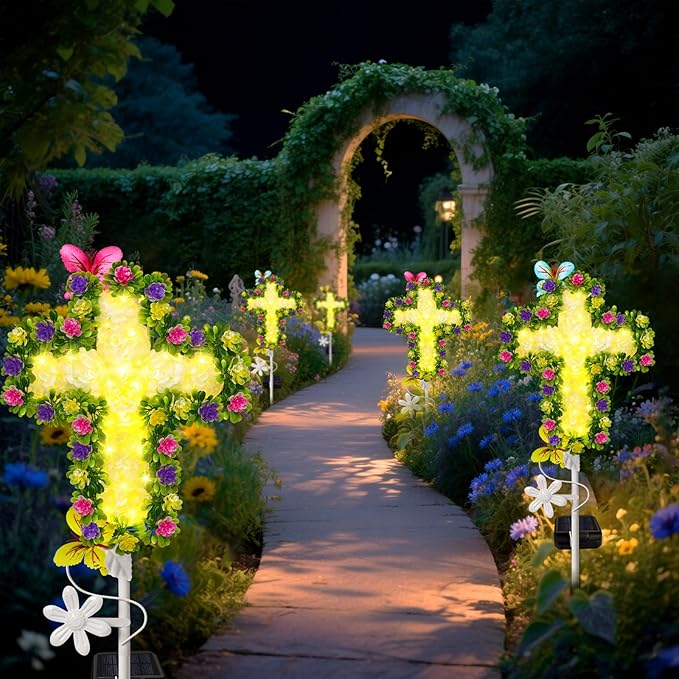 2 Pack Solar Flower Cross for Cemetery Grave Grave Decorations for Cemetery Solar Crosses Sympathy Memorial Gifts for Garden Lawn Yard Patio Decor