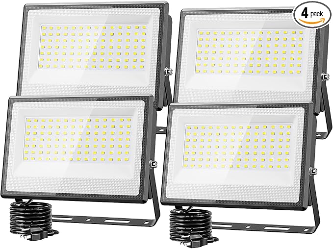 Olafus 130W Flood Lights Outdoor 13000lm LED Work Light Plug in 6500K Daylight White Led Flood Light Outdoor IP66 Waterproof Security Lights for Yard Garage Stadium 4 Pack