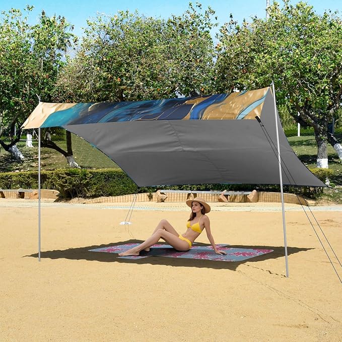 ALAZA Blue &amp Gold Marble Beach Tent Sun Shelter UPF50+ Protection Beach Shade Canopy w/ 4 Sandbags for Outdoor Camping Fishing Backyard Fun Picnic 10x9 ft
