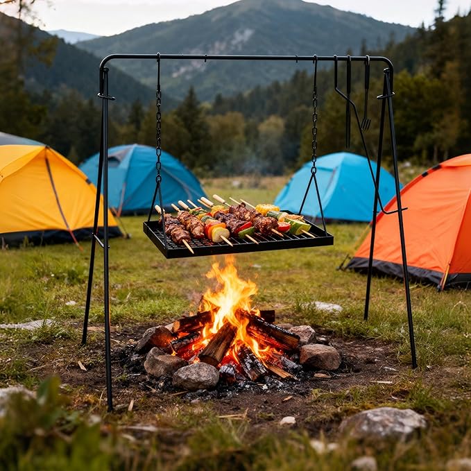 Campfire Swing Grill with Adjustable Grill Cooking RackCamp Fire Cooking Equipment Comes With 8 Hooks Accessories and handbagPortable Dutch Oven Hanger for Camping Hiking Cookware Bonfire