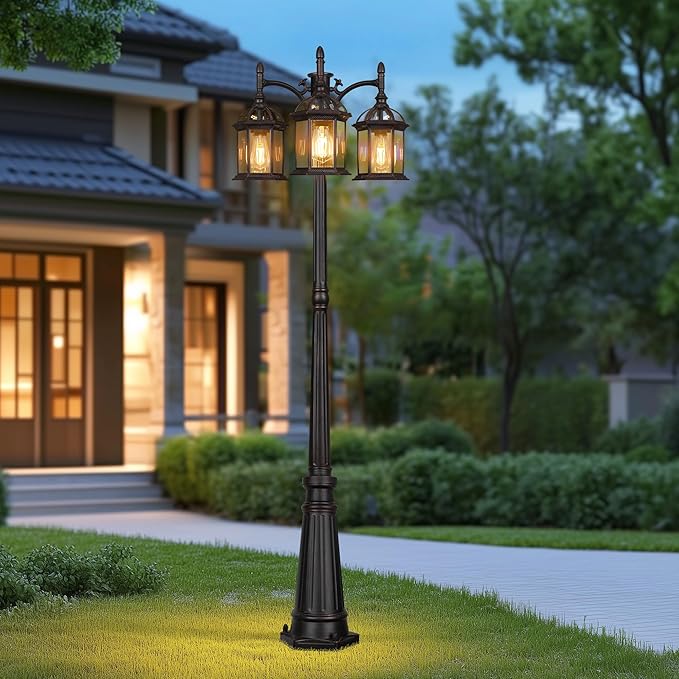 Aluminum Outdoor Lamp Post Birdcage Hardwired Street Light for Outside 3-Head Pole Light Modern Lamp Post Outdoor Lighting with Clear Glass Panels for Garden Patio Backyard Walkway Driveway