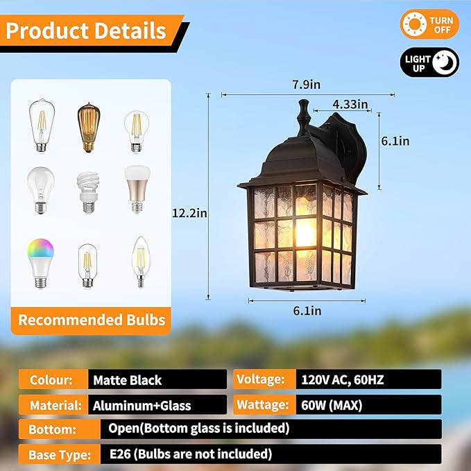Dawn to Dusk Sensor Outdoor Wall Light Fixtures Waterproof Anti-Rust Exterior Lighting Fixtures Black Outdoor Wall Lantern for Porch Patio Front Door Garage House -2 Pack