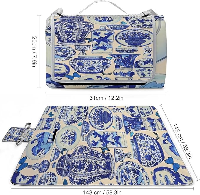 Blue and White Folk Chinese Chinoiserie Style Waterproof Outdoor Picnic Blanket Sandproof Beach Mat for Camping Hiking Grass Travelling