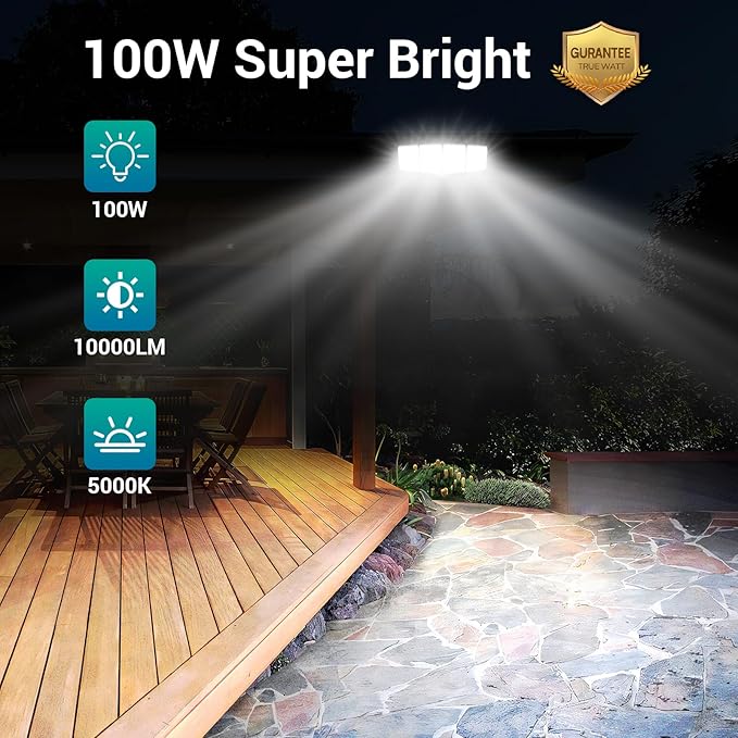 USTELLAR 100W 10000lm Floods Light Outdoor Switch Controlled LED Security Lights with 4 Adjustable Heads 5000K Daylight IP65 Waterproof Bright Exterior LED Flood Light Hardwired Yard-White