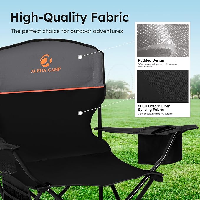 ALPHA CAMP Camping Chair 2 Pack Portable Chair with 3-Can Cooler Folding Chair with Side Pocket and Cup Holder Collapsible for Camping Tailgates Beach Fishing and Sports2PC