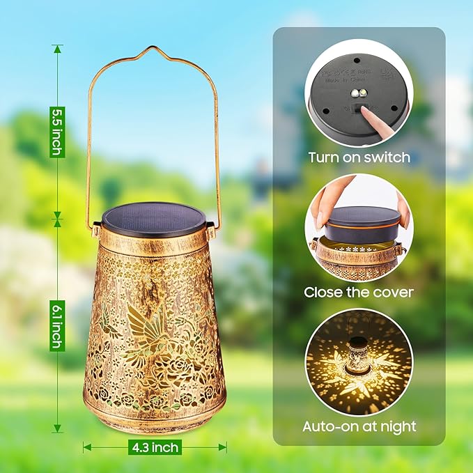 2 Pack Solar Lanterns Outdoor Waterproof Birthday Gifts for Women Mom Grandma Hollowed-Out Metal Hummingbird Hanging Solar Lantern Lights Outdoor Decor 2 Modes Lights Decor for Yard Patio