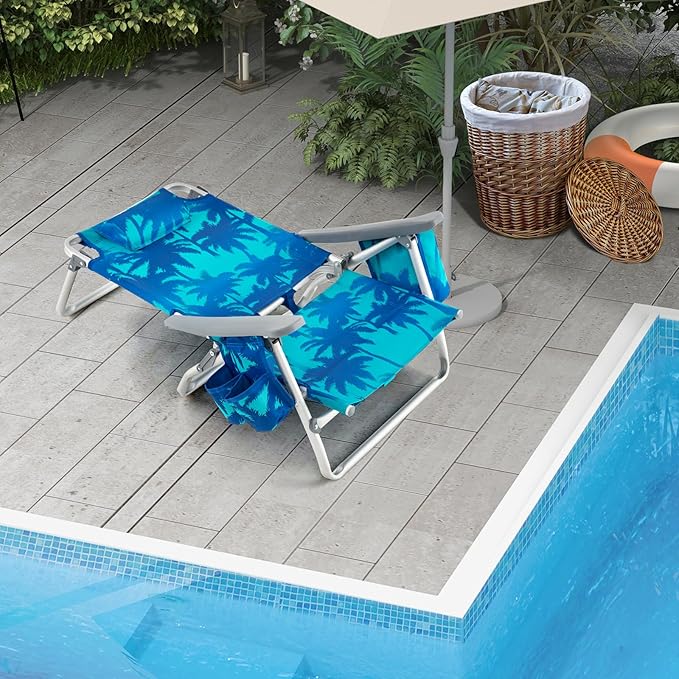 Giantex Folding Beach Chair Patio Sling Chairs with 5 Adjustable Position Head Pillow Storage Bag Towel Bar Cup Holders Backpack Chairs for Sunbathing Camping Chair