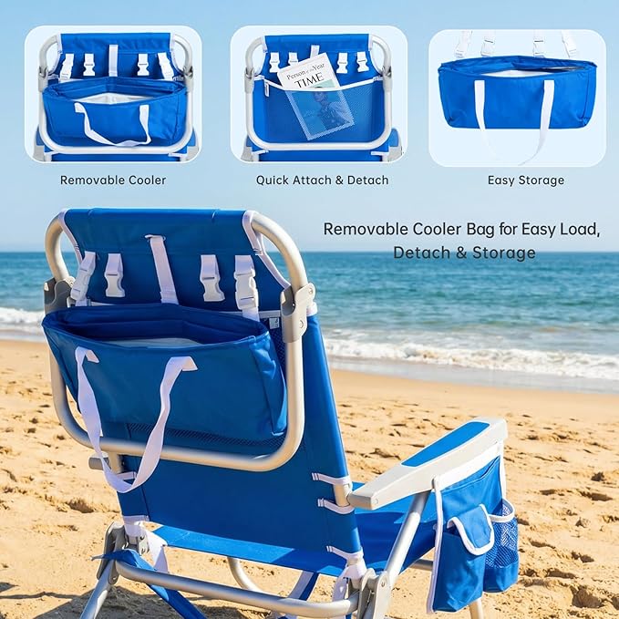 SUNNYFEEL Low Beach Chair 5 Position Lay Flat Portable Folding Backpack Beach Chairs Heavy Duty with Cooler Bag Cup Holder for Outdoor/Lawn/Trip/Picnic/Fishing Foldable Camping Chair (New Blue)
