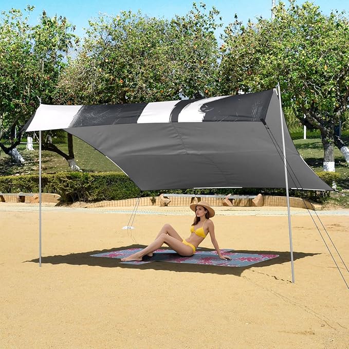 Black Cats Beach Tent Sun Shelter 9.2' x 10.5' Beach Canopy with 4 Sandbags 4 Stability Poles Sand Shovels - Tent Canopy for Beach Camping Fishing Picnics
